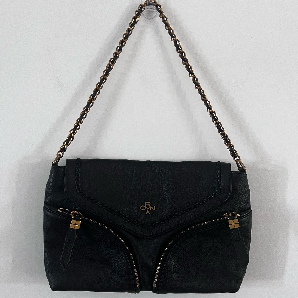 orYANY Black Leather Gold Tone Hardware Zippered Shoulder Bag